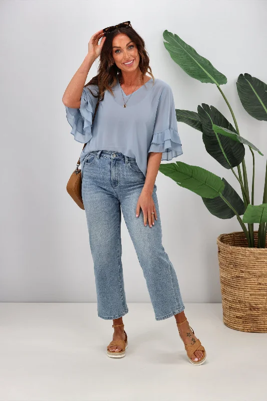 Enjoy Discount Gloss by Shine On Harper Frill Sleeve Top Pale Blue