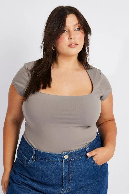 Relaxed Style Deals Brown Top Cap Sleeve Square Neck Longline Supersoft