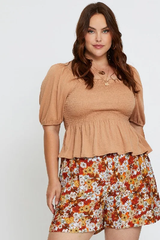 Insane Discount Onslaught Brown Peplum Top Off The Shoulder Puff Sleeve Shirred