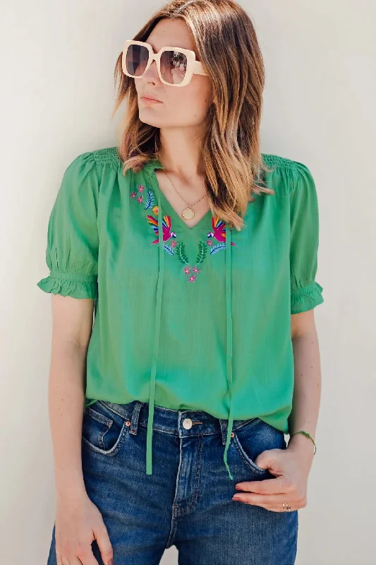 Urban Elegance Deals Sugarhill Angelique Shirred Top Rainbow Parrots Embroidery Green