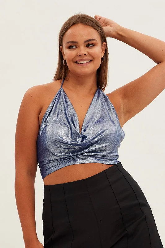 Limited Time Flash Sale Blue Halter Top Tie Back Cowl Neck Foil Jersey