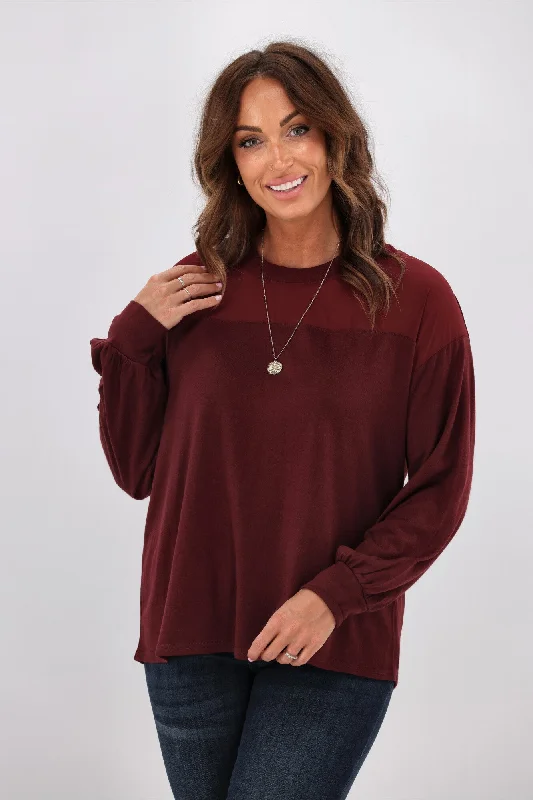 Cozy Comfort Style Sale Alpine by Shine On Fleur Chiffon Yoke Merino Top Claret