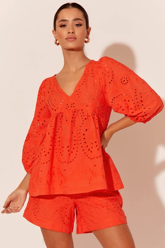 Fashion Forward Femininity Adorne Vivienne Deco Broderie Top Tangerine