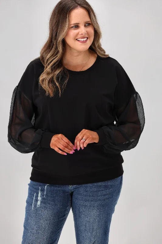 Timeless Style Promotions Shine On label Reese Sheer Sleeve Top Black Check