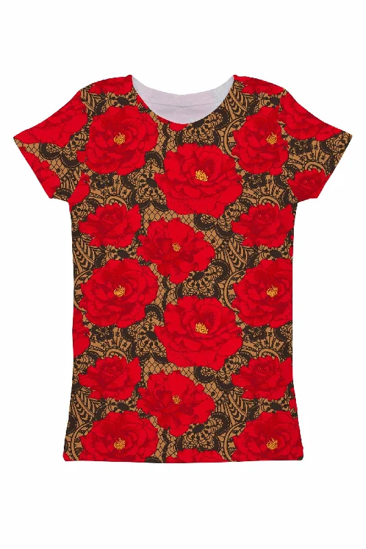 Affordable Yoga Fashion For Every Pose Hot Tango Zoe Red Floral Print Fancy Designer Tee - Women Affordable Yoga Fashion For Every Pose Hot Tango Zoe Red Floral Print Fancy Designer Tee - Women