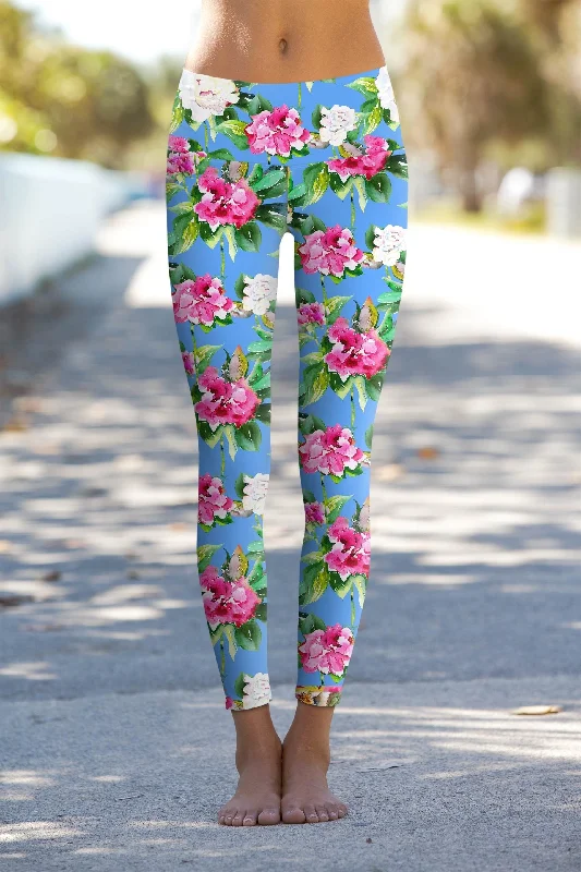 Flow In Comfort With Stylish Discounts Aquarelle Lucy Blue Floral Print Performance Leggings Yoga Pants - Women