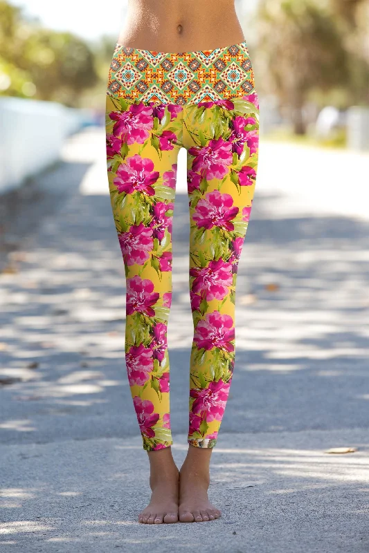 Soft, Supportive Yoga Wear At Unbeatable Savings Indian Summer Lucy Yellow Floral Printed Performance Yoga Pants - Women Soft, Supportive Yoga Wear At Unbeatable Savings Indian Summer Lucy Yellow Floral Printed Performance Yoga Pants - Women