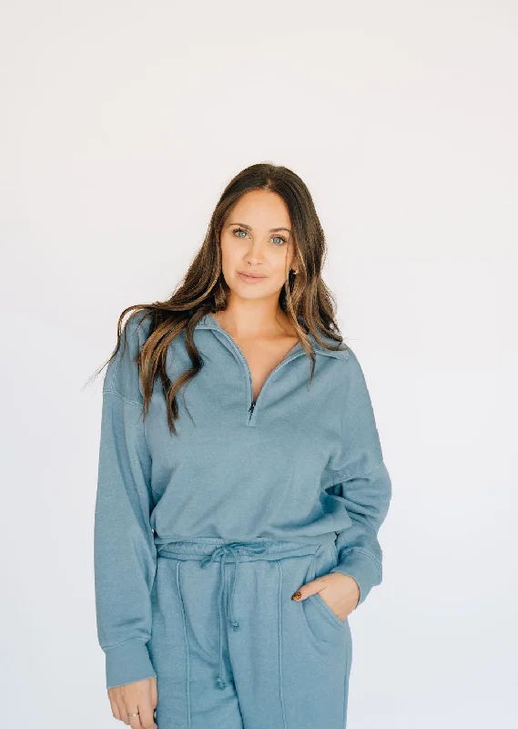 Soft, Stretchy, And Super Affordable Yoga Wear Saturday Afternoon Half Zip Sweatshirt - Blue Soft, Stretchy, And Super Affordable Yoga Wear Saturday Afternoon Half Zip Sweatshirt - Blue