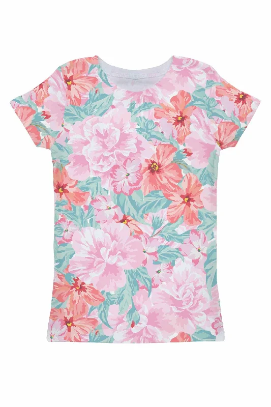 Performance Yoga Wear Now At Exclusive Discounts Spring Garden Zoe Pink Floral Print Designer T-Shirt - Women Performance Yoga Wear Now At Exclusive Discounts Spring Garden Zoe Pink Floral Print Designer T-Shirt - Women