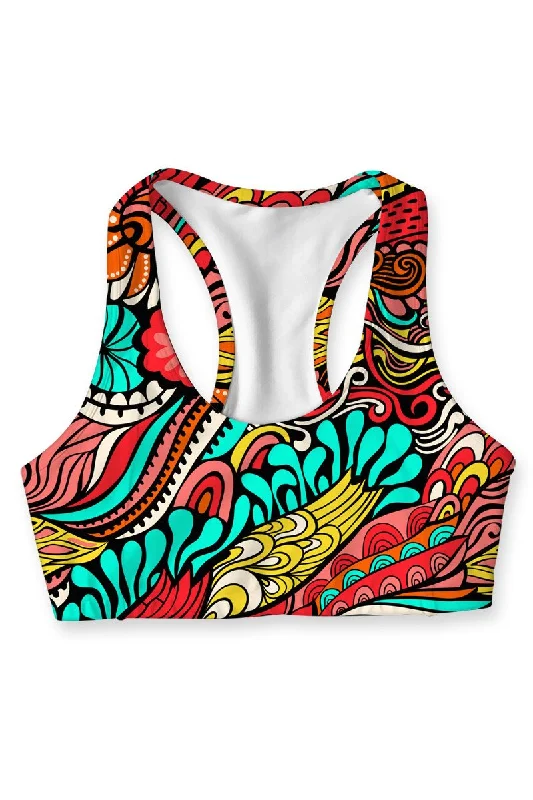 Breathe Easy In Comfortable Yoga Outfits Verve Stella Red Boho Print Seamless Racerback Sport Yoga Bra - Women Breathe Easy In Comfortable Yoga Outfits Verve Stella Red Boho Print Seamless Racerback Sport Yoga Bra - Women