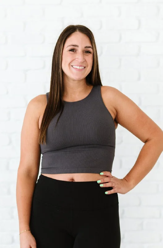 Affordable Yoga Fashion For Every Pose Cropped Ribbed High Neck - Charcoal