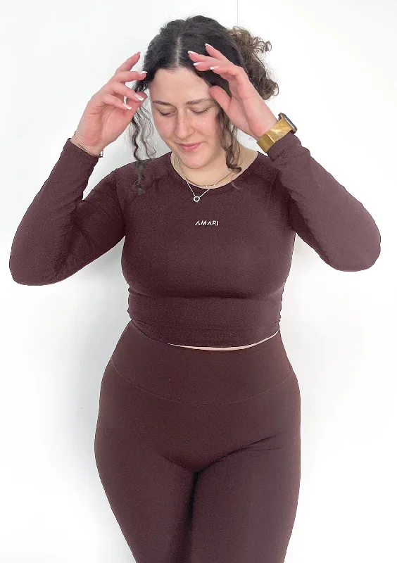 Breathe Easy In Comfortable Yoga Outfits Essentials Long Sleeve Crop Top - Chocolate Breathe Easy In Comfortable Yoga Outfits Essentials Long Sleeve Crop Top - Chocolate