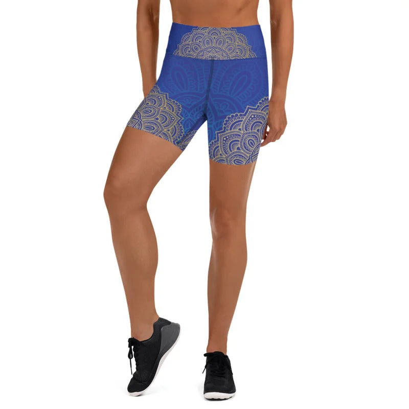 Stretch, Move, And Save On Yoga Clothing Golden Blue Mandala Womens Yoga Shorts