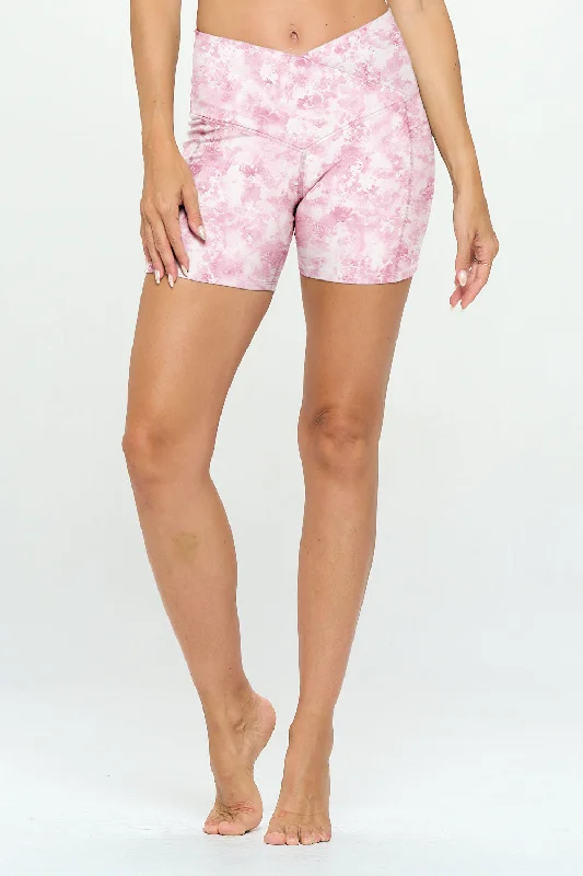Soft, Stretchy, And Super Affordable Yoga Wear Lilly - Pink Bright Garden - Cross Over Shorts w Pocket 5" (High-Waist) Soft, Stretchy, And Super Affordable Yoga Wear Lilly - Pink Bright Garden - Cross Over Shorts w Pocket 5" (High-Waist)