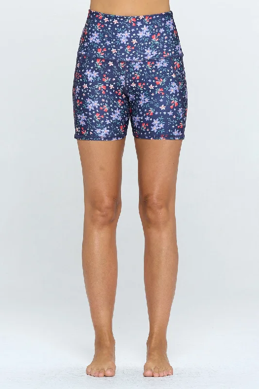 Premium Yoga Wear At Special Discounts Mia Shorts - Navy Purple Flower w Pockets 5" (High-Waist) - LIMITED EDITION