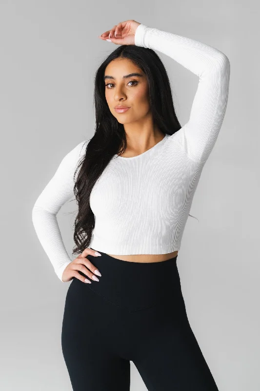 Affordable Yoga Fashion For Every Pose Vitality Synergy® Open Back Long Sleeve - Snow Affordable Yoga Fashion For Every Pose Vitality Synergy® Open Back Long Sleeve - Snow