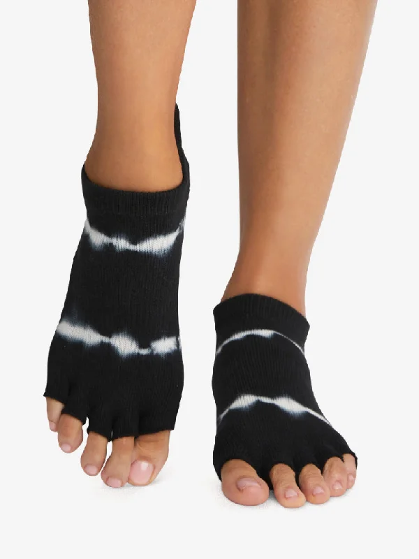 Stretch In Comfort With Affordable Yoga Gear ToeSox Half Toe Low Rise Grip Socks - Black Tie Dye Stripe