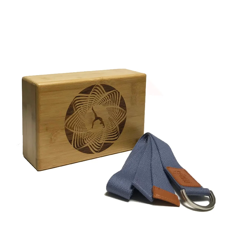 Your Perfect Yoga Essentials Now On Sale Laser Engraved Bamboo Block & Strap Combo