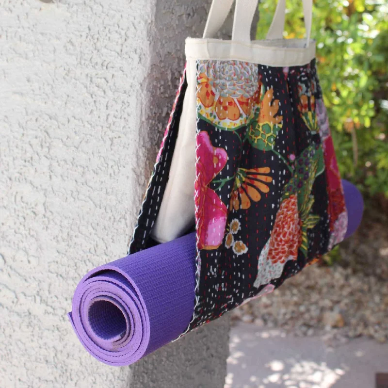 Style And Support For Every Pose At Special Discounts Yoga Mat Carrier | Kantha Quilt | Black with Flowers Style And Support For Every Pose At Special Discounts Yoga Mat Carrier | Kantha Quilt | Black with Flowers