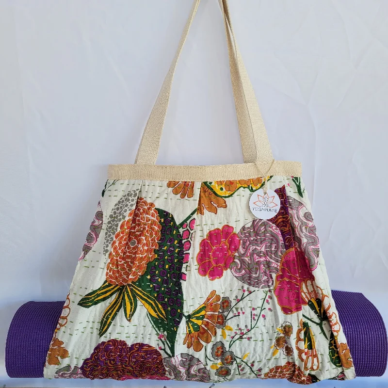 Feel The Difference With Premium Yoga Gear Deals Yoga Mat Carrier | Kantha Quilt | White with Flowers Feel The Difference With Premium Yoga Gear Deals Yoga Mat Carrier | Kantha Quilt | White with Flowers